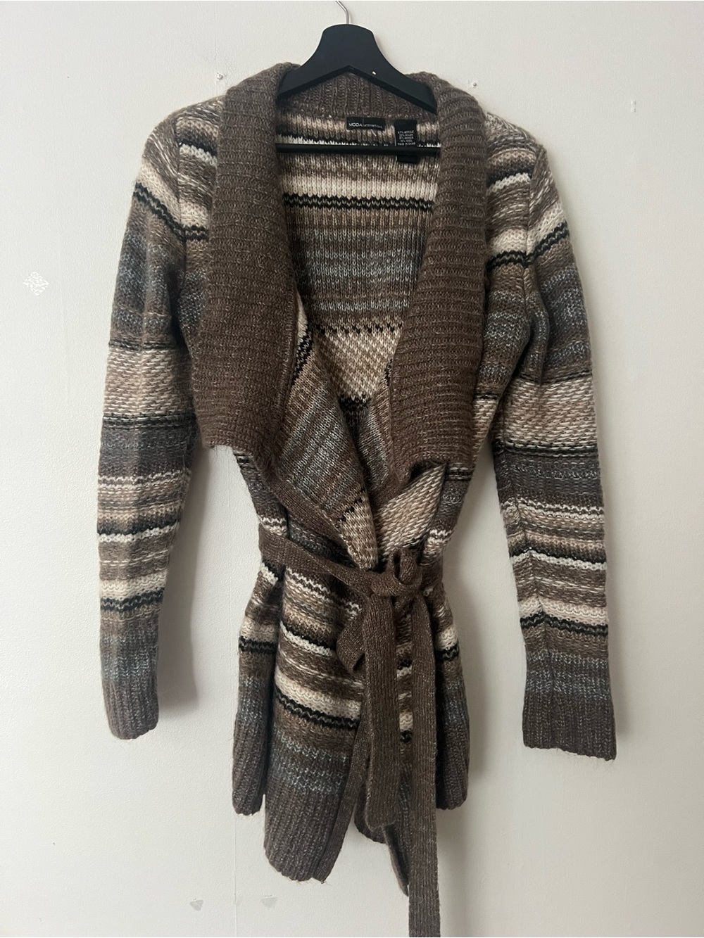 Moda Intl brown striped Cardigan, size L autumn wear casual chic cozy tie waist